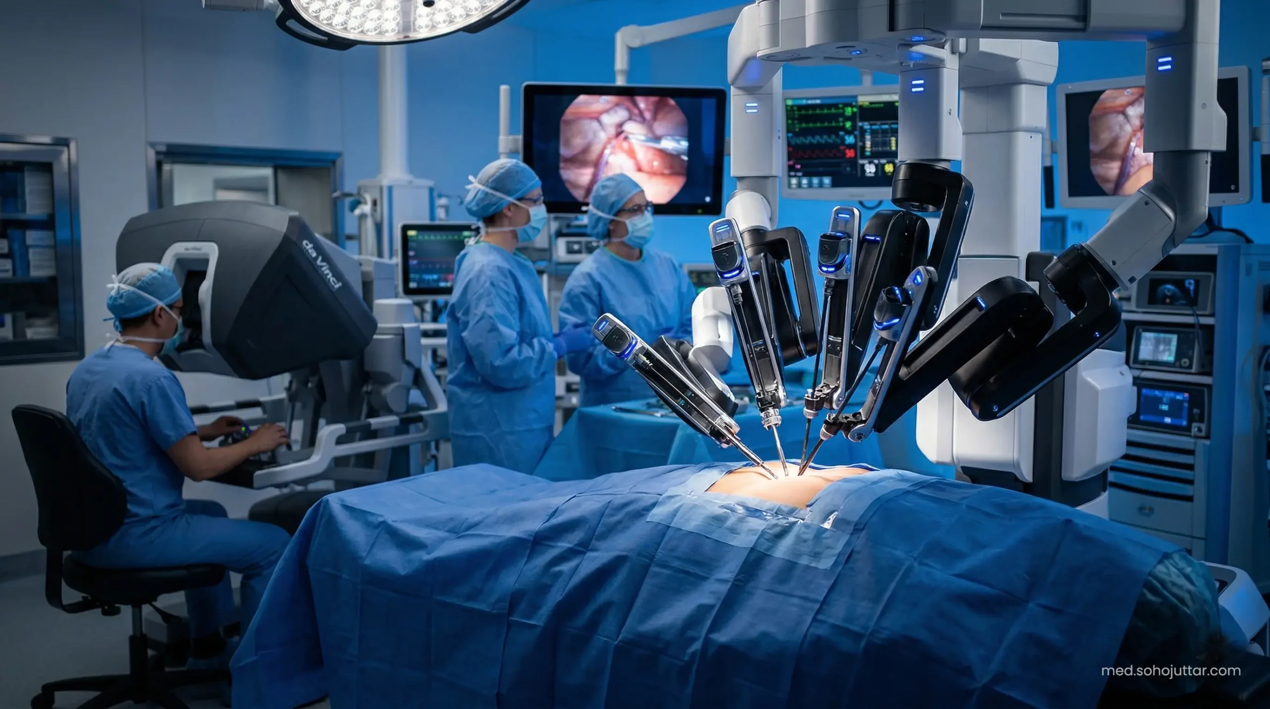 Advanced da Vinci robotic surgical arms bathed in clean sterile blue light at Cedars-Sinai Smidt Heart Institute.