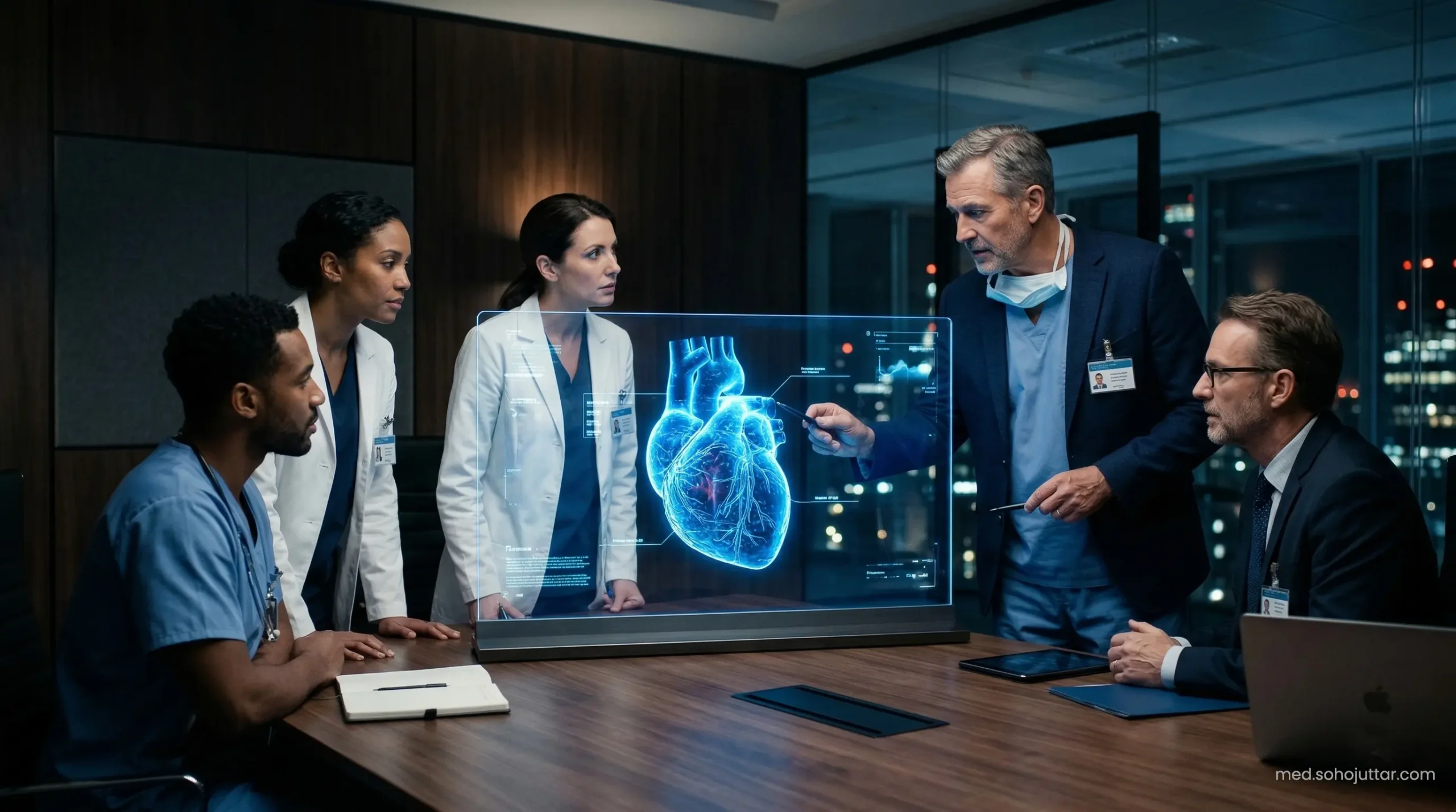 A team of elite Western cardiologists reviewing a 3D heart scan at a premium US hospital.