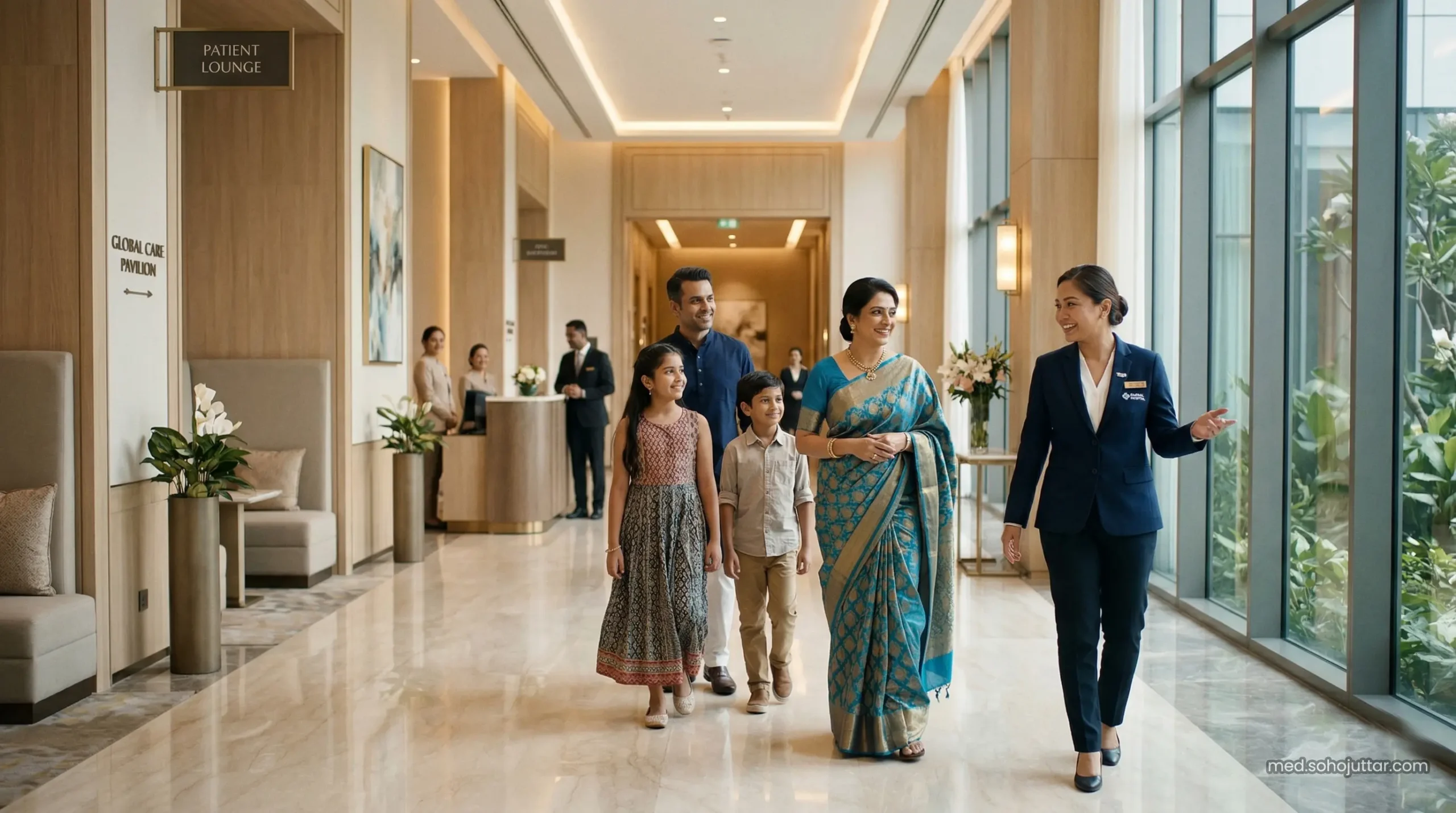 A multi-lingual international patient coordinator guiding a family at Cleveland Clinic.