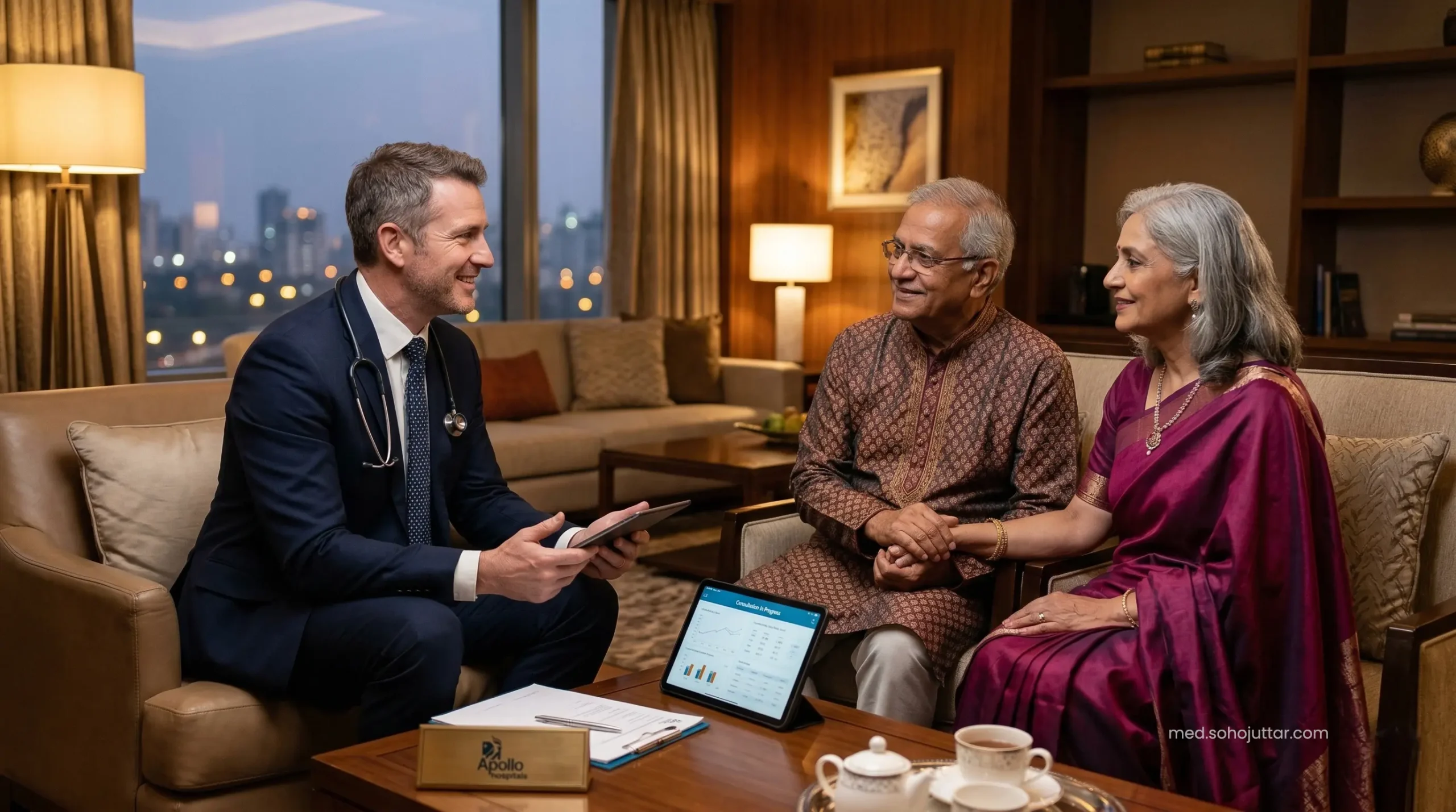 Senior Indian patient consulting with a professional American doctor.