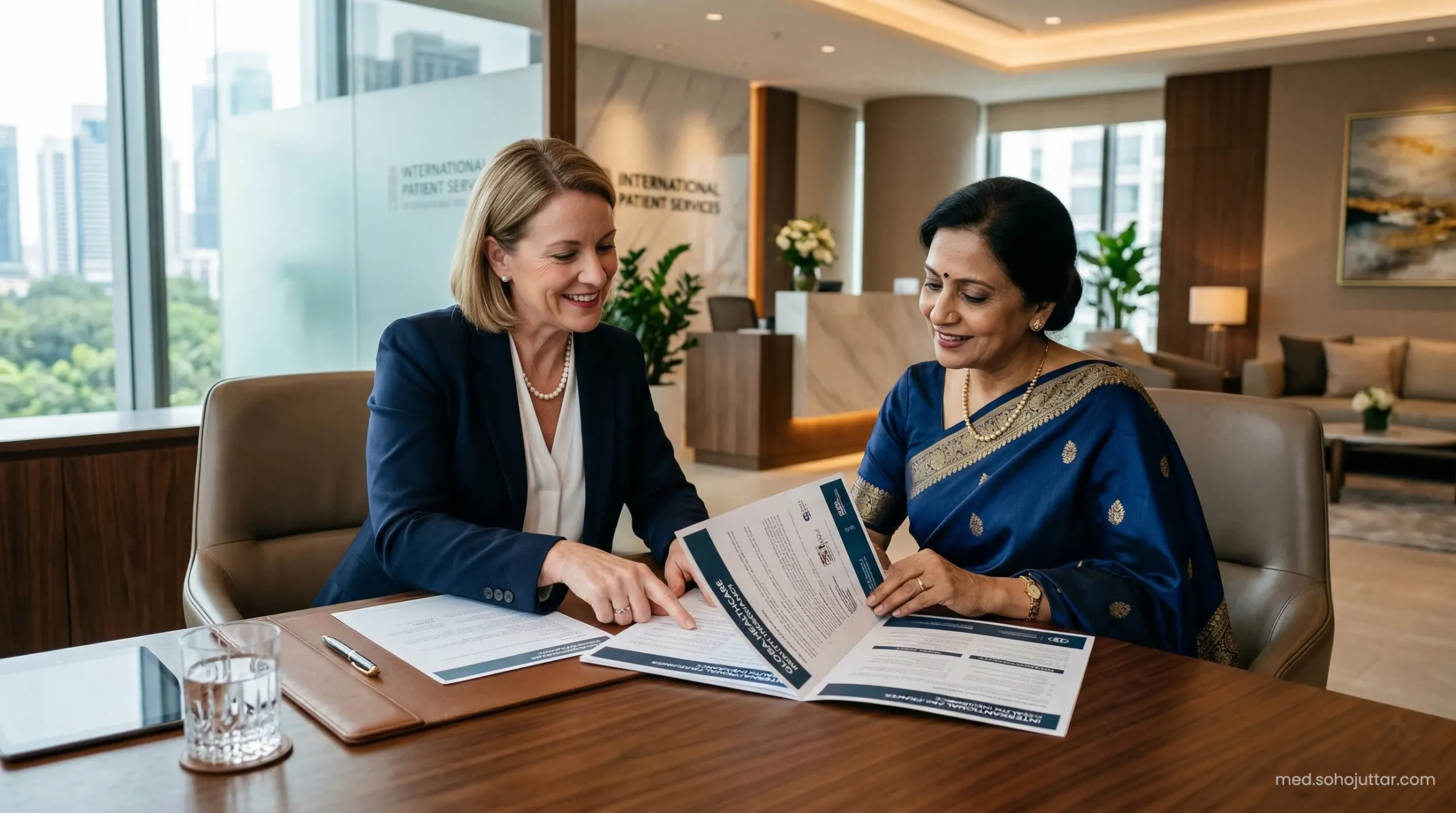 A medical tourism financial consultant reviewing international insurance with an Indian patient.