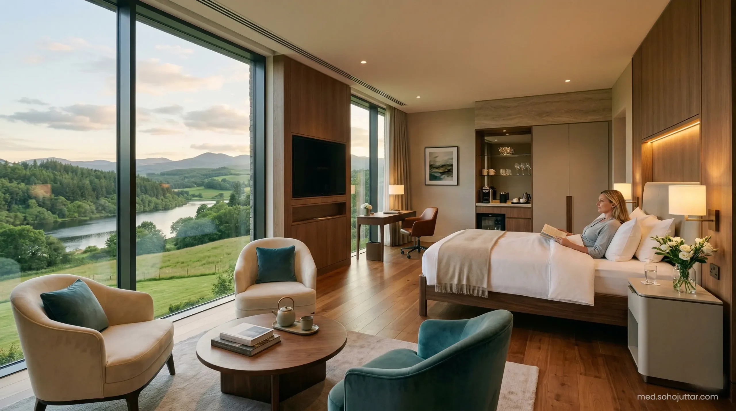 A beautifully lit, luxurious private hospital recovery suite at Mayo Clinic.