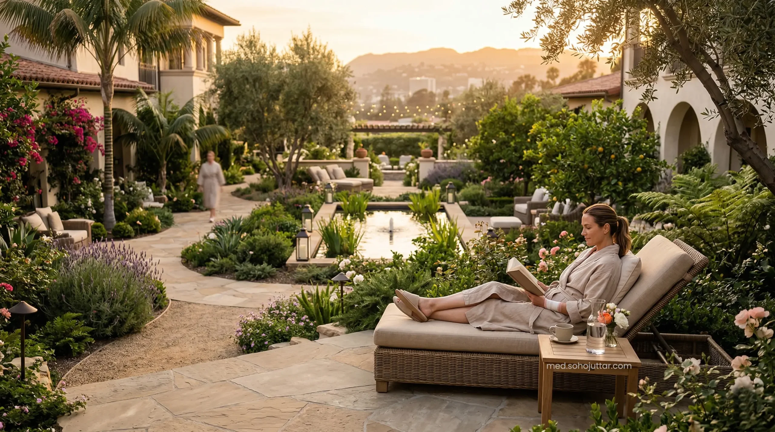 Concept of a calm, luxury garden setting in Los Angeles for post-operative recovery.
