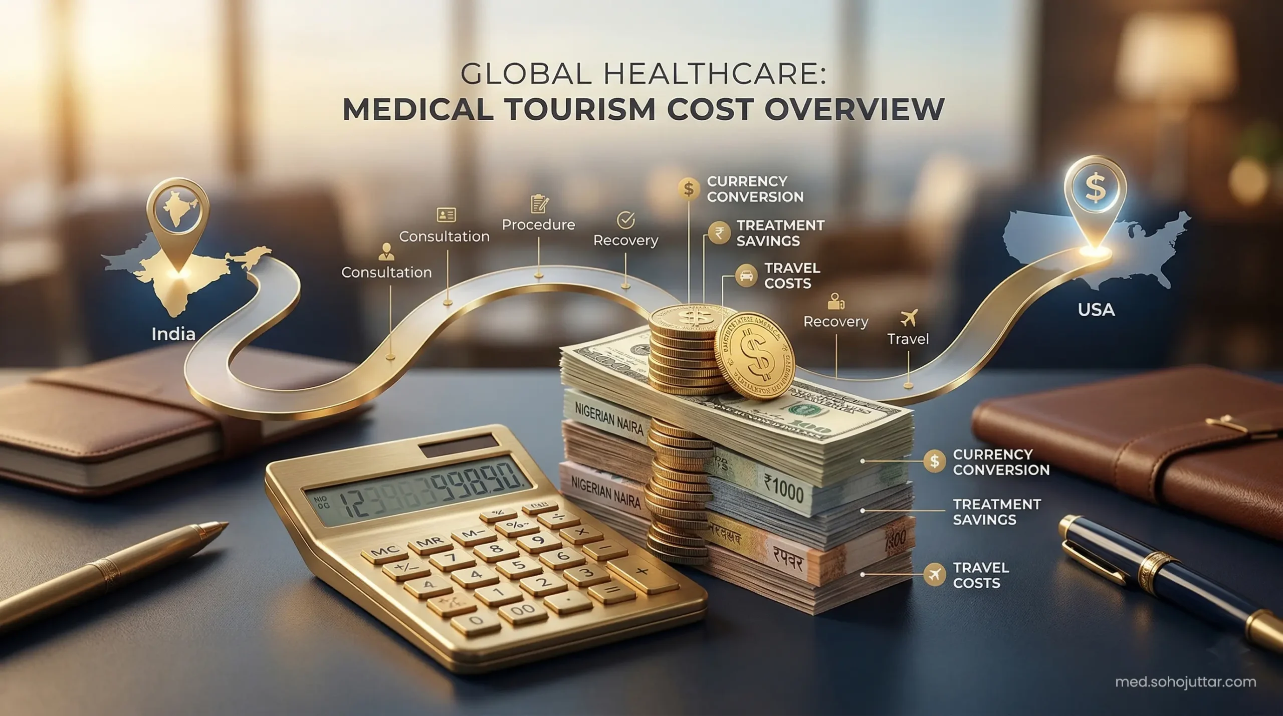 An conceptual infographic breakdown for the cost of a bypass surgery journey from India to USA.