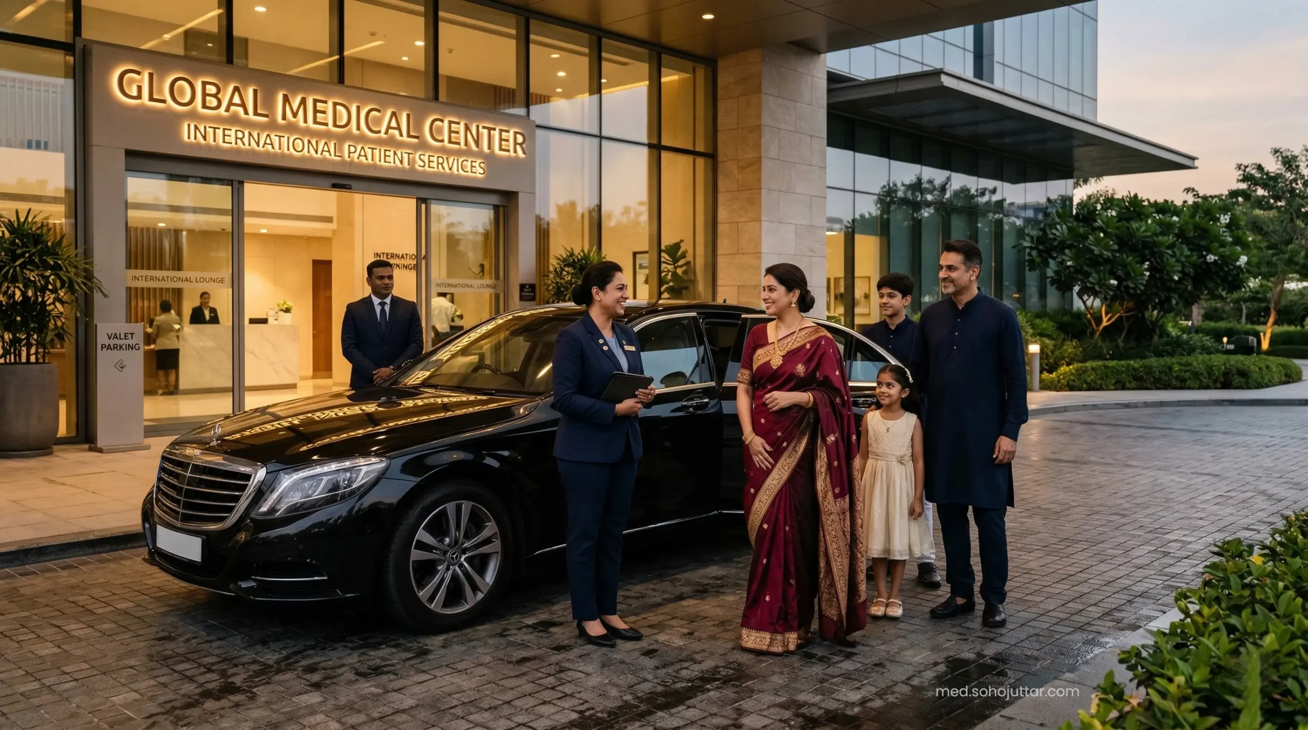 A professional hospital international concierge welcoming an Indian family.