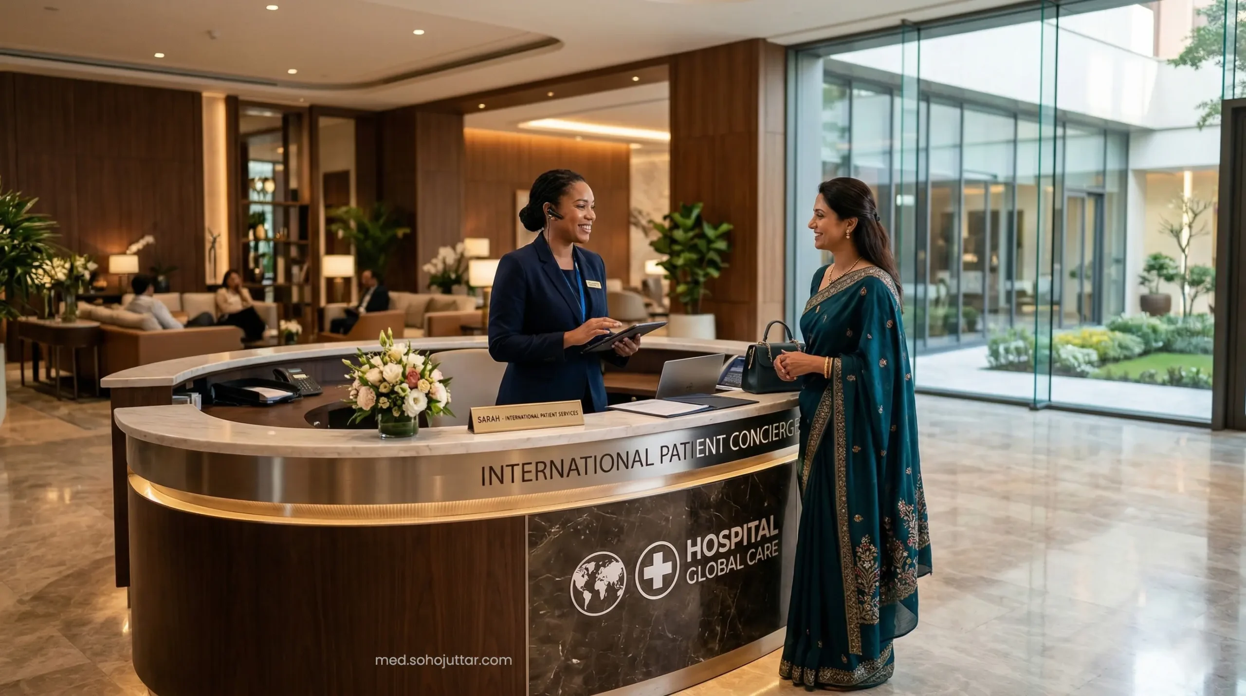 A smiling professional hospital concierge welcoming an Indian patient at Cedars-Sinai international desk.