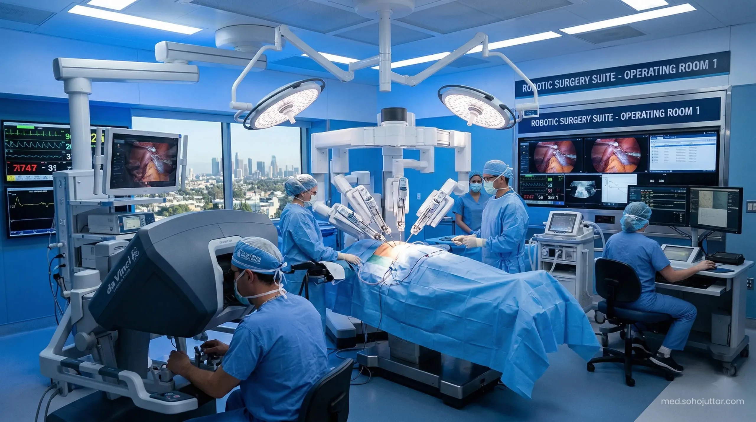Advanced robotic surgical arms in a California cardiac operating room.